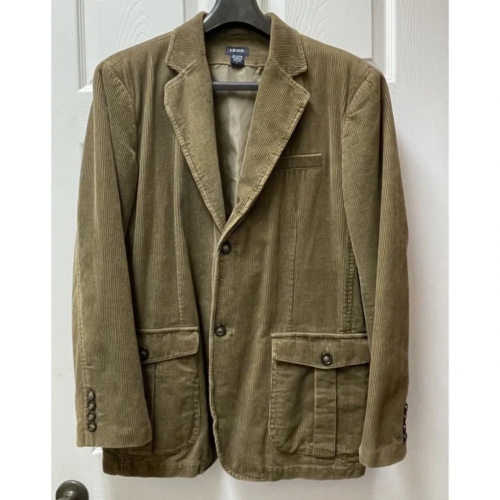 Izod Men's Tan Brown Corduroy 2 Button Blazer Jacket‎ Button Pockets Retro